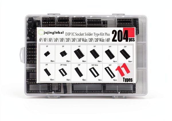 204pcs 11 Types DIP IC Socket Kit 2.54mm 0.1" Pitch 6 8 14 16 18 20 24 24Wide 28 28Wide 40 Pin DIP IC Socket Solder Type Adaptor Assortment Kits-0