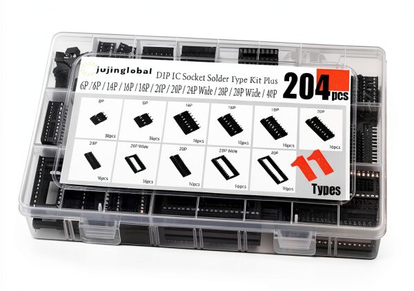 204pcs 11 Types DIP IC Socket Kit 2.54mm 0.1" Pitch 6 8 14 16 18 20 24 24Wide 28 28Wide 40 Pin DIP IC Socket Solder Type Adaptor Assortment Kits-2