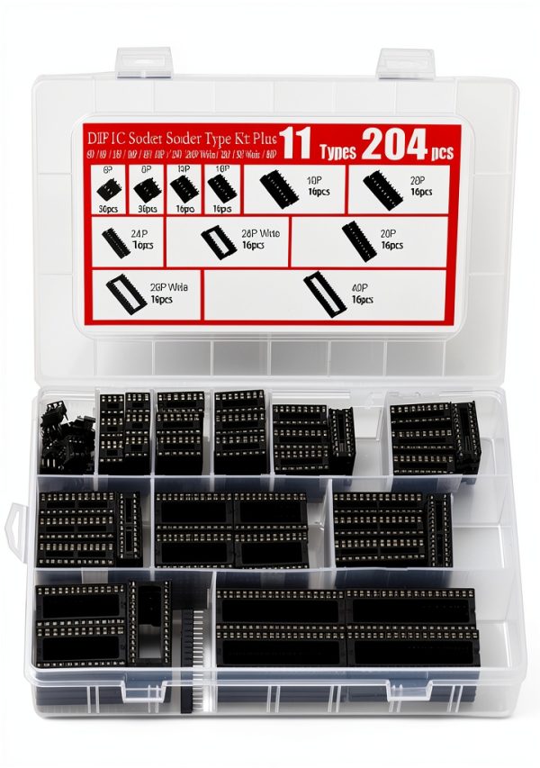 204pcs 11 Types DIP IC Socket Kit 2.54mm 0.1" Pitch 6 8 14 16 18 20 24 24Wide 28 28Wide 40 Pin DIP IC Socket Solder Type Adaptor Assortment Kits-1